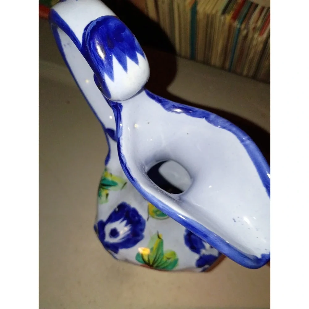 VTG Vestel Alcobaco Pottery Portugal  Water Pitcher, Blue With Flowers 8
